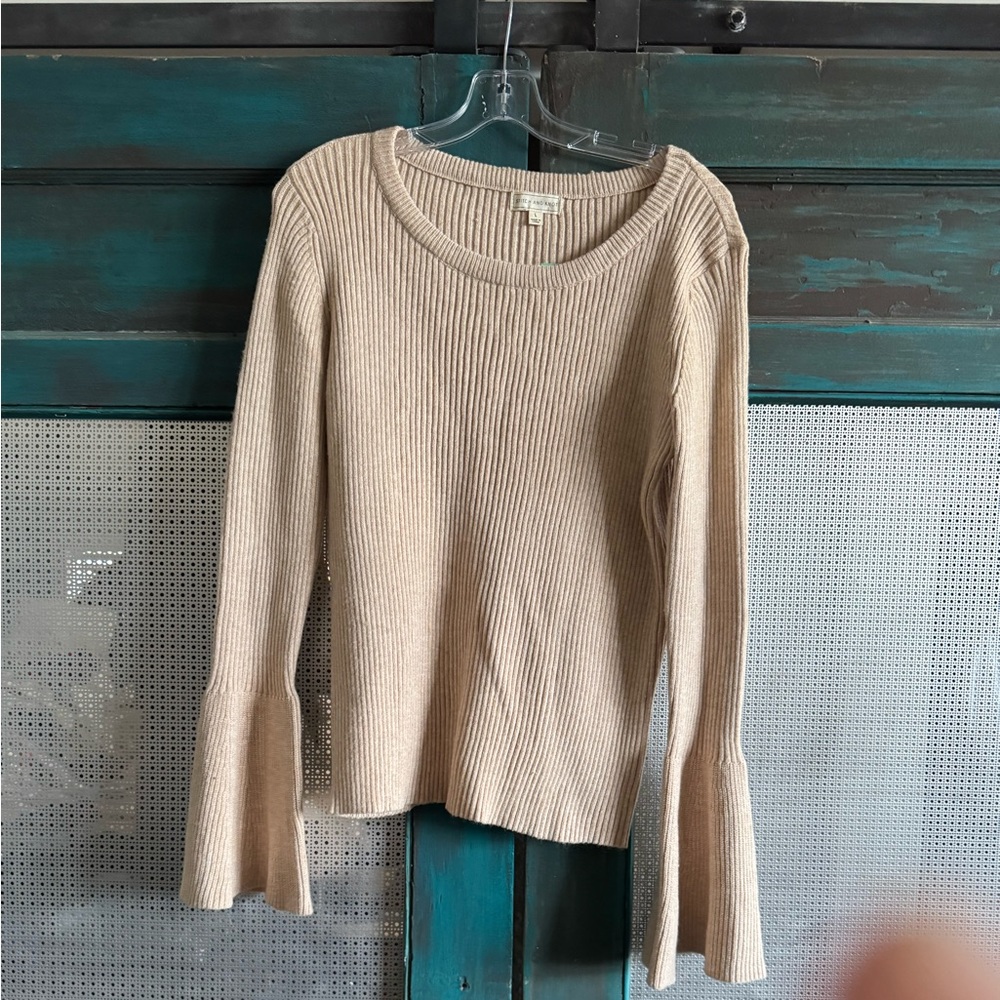 Beige Ribbed Bell Sleeve Sweater